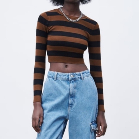 Zara Women's Soft Ribbed Knit Cropped Sweater, Brown & Black, SMALL - Picture 2 of 8